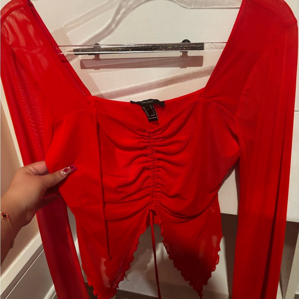 Sheer Red Ruched Top